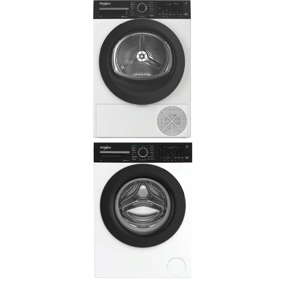 Zestaw Whirlpool pralka suszarka 9kg pompa ciepła AI HomeWhiz 6 Zmysł białe