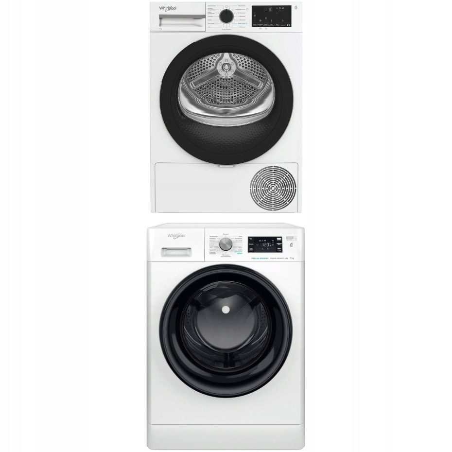 Zestaw Whirlpool pralka suszarka 7kg pompa ciepła para FreshCare białe
