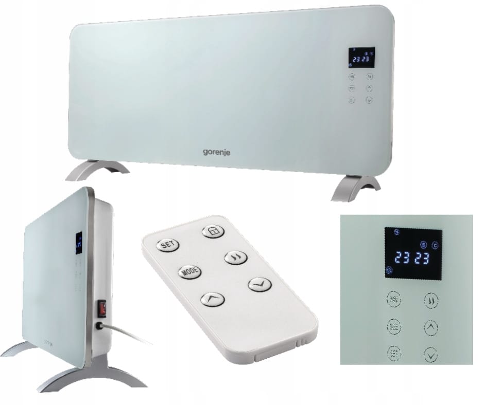 Grzejnik konwektorowy GORENJE 2000W Timer Białe SZKŁO PILOT wyświetlacz